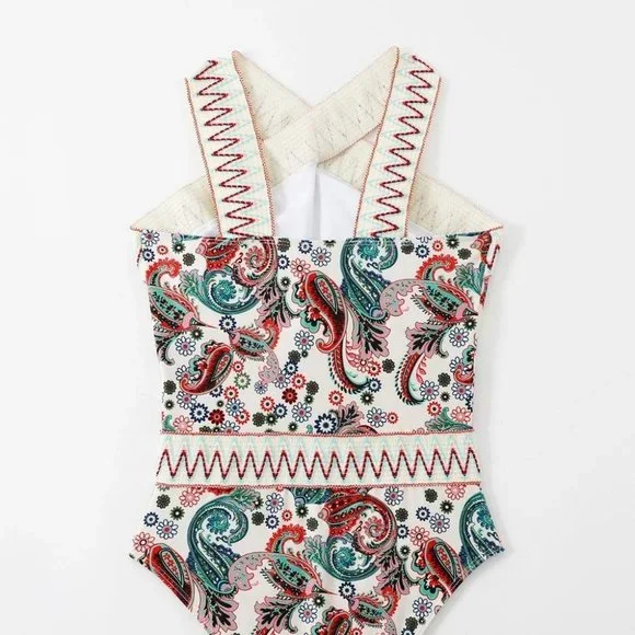 Boho Paisley Chevron Stripe Tape High Neck One Piece Swimsuit - Picture 6 of 8